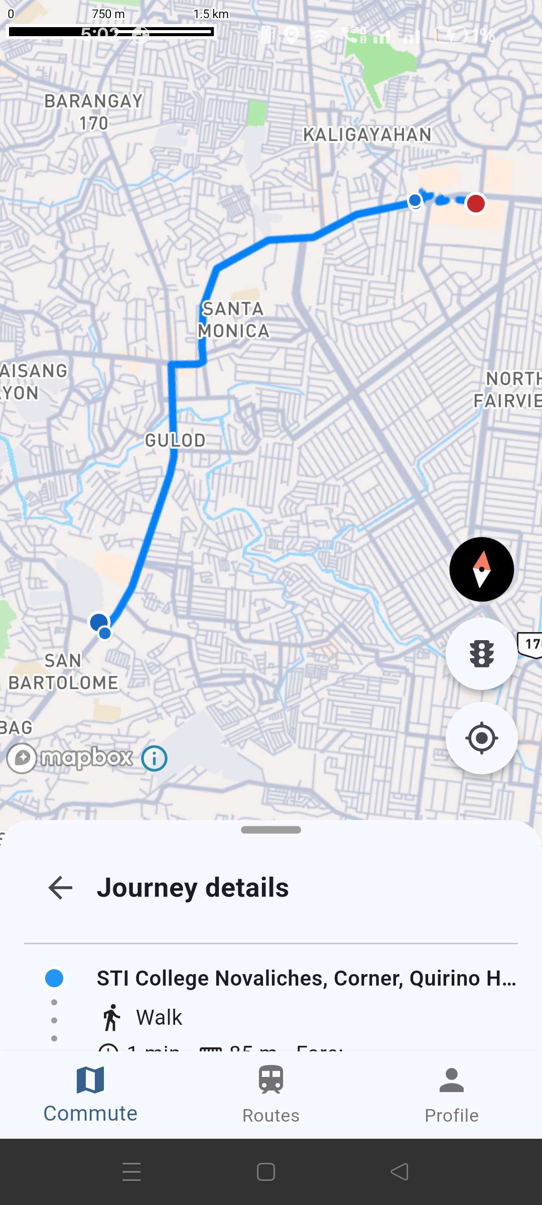 Para journey details showing a route on the Metro Manila map